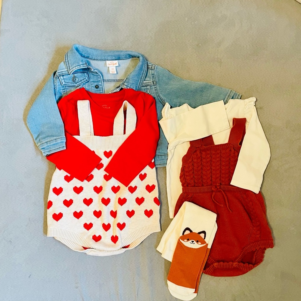 Bundle of Cat and Jack rompers, Jean jacket, and stockings 12-18months